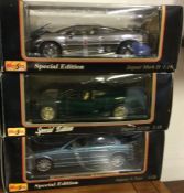 Three boxed MAISTO model Jaguar cars comprising a