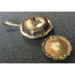 A silver plated warming pan together with a waiter