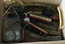 A box containing tin plate 00 gauge trains and tra