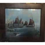 A framed oil on board depicting boats by a harbour