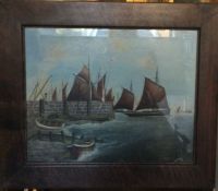 A framed oil on board depicting boats by a harbour