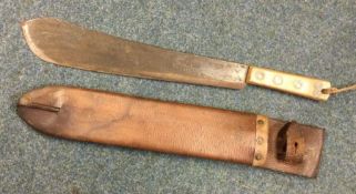 A large Continental knife in leather scabbard. Est