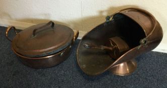 A large copper preserve pan and lid together with