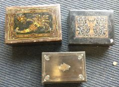 Three painted jewellery boxes with hinged tops. Es