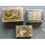 Three painted jewellery boxes with hinged tops. Es