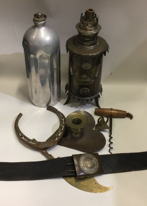 An old trench art oil lamp together with a First World War German belt etc. Est. £30 - Image 2 of 2