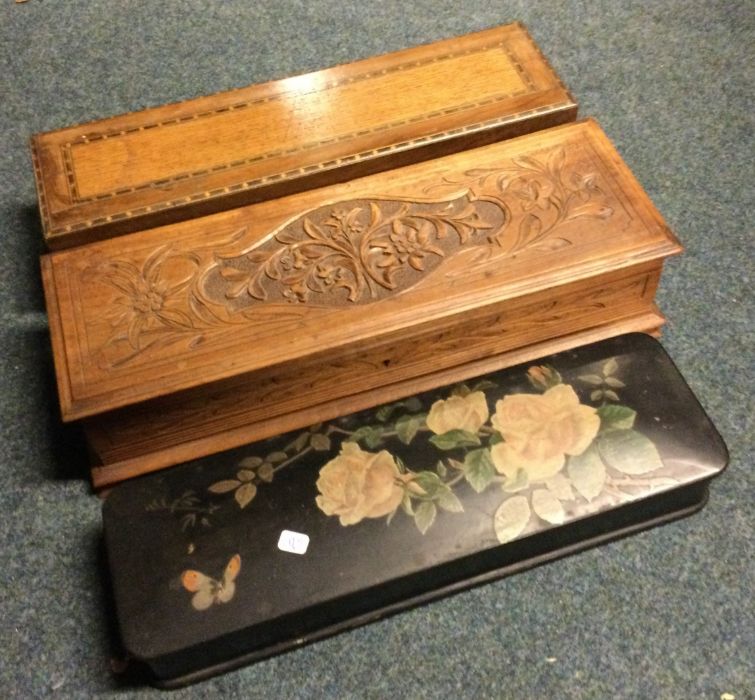 An oak carved top box together with two others. Es