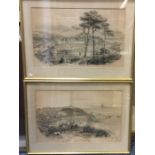 A pair of framed and glazed lithograph prints depi