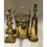 A pair of brass candlesticks, kettle etc. Est. £15