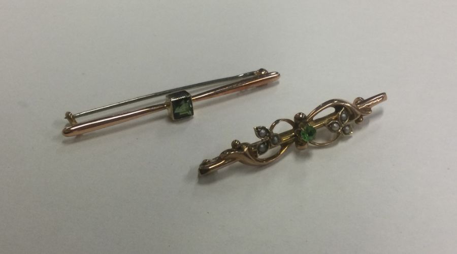 A pearl and demantoid garnet brooch together with