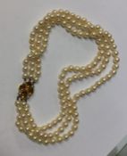 A heavy triple string of pearl beads with gold cla