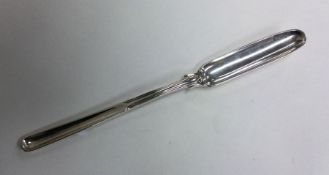 A silver double-ended marrow scoop with thread han