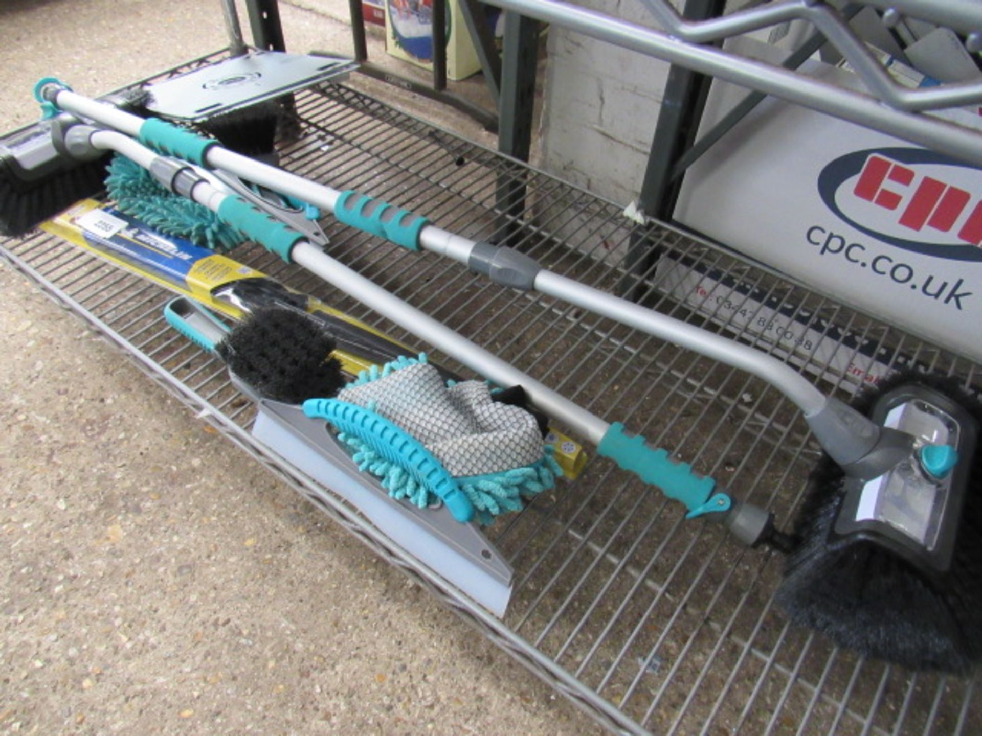 Qty. of car wash brushes, mops and a set of Michelin wiper blades