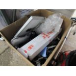 Box of mixed electrical items inc. soldering station, metal clips, solar panel, etc.