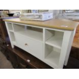 Modern grey TV stand with oak effect top