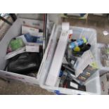 2x boxes various electrical items inc. extension leads, TCP light bulbs, LED bike lights, etc.