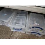 Qty. of clear plastic storage boxes, some with lids, some damaged