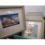 Crate containing grey framed and glazed pictures of various ships and boats, with framed picture