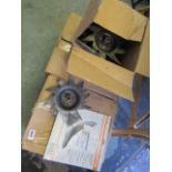 Box of various lawn aerator blades and other parts, Stihl brush knife, 12.5ft tow rope, and other