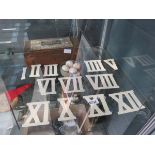 Quantity of metal wrought iron numbers, 4 golf balls and a small pine box