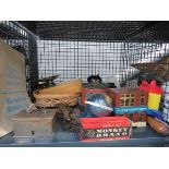 Cage containing money boxes, glass lampshade, tins, silver plated tray, car workshop manual etc.