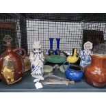 Cage containing a whisky jug, water jugs, nodding figures, a pair of blue glass vases and gravy