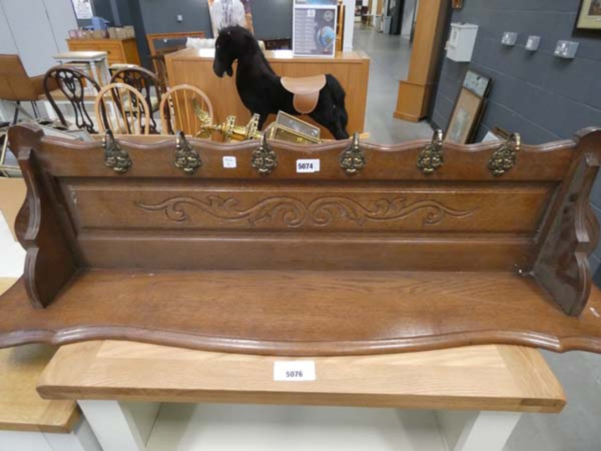 (19) Oak hanging shelf with coat hooks under