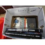 A box containing transport reference books, plus the illustrated History of Boxing and crime films