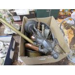 Box containing a spelter figure of a knight, brass pot, dressing table set, copper and brass