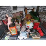 Cage containing marbles, vintage tins, money boxes, toy cannon, dolls, globe, diecast etc.