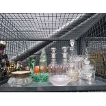 Cage containing Vaseline glass, Mary Gregory vase, desk tidy, lustre plus decanters and sauce