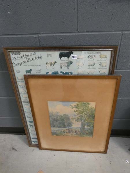 3 watercolours of rural scenes plus a print 'Guide to European Livestock'