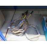 3 vintage tennis rackets and presses, with a badminton racket