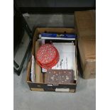 A box containing sewing basket with thread, plus sketch books and artist supplies etc.