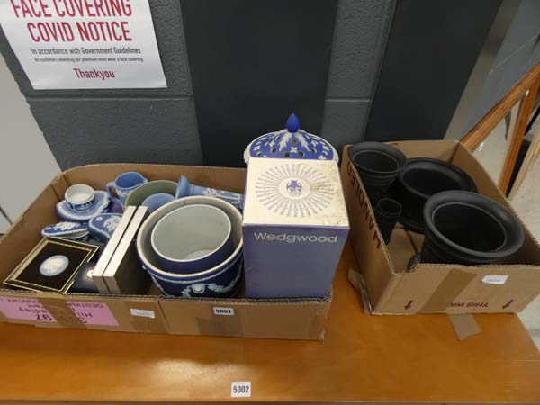 2 boxes containing a large quantity of blue and basalt glazed Wedgwood Jasperware