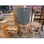 Lloyd Loom style laundry bin plus a quantity of wicker and bent cane to include letter rack, hanging