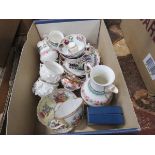 A box containing a Halcyon Days trinket box, Meissen-style cabinet cup & saucer, a Spode lidded