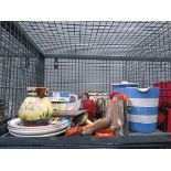 Cage containing Cornish ware jugs, storage vessel, glassware, crockery and copper touch plates