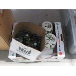 5463 - 3 boxes containing marbles, floral decorated barrels, ceramics, plus brass trays