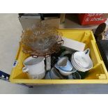 Box containing a quantity of Crocus pattern crockery, plus glass bowls and a Pifco facial sauna