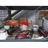 Cage containing whistles, ashtray, bell plus novelty film strips and a PYE miniature radio