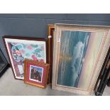 Quantity of prints and paintings to include crashing waves, gunboat, still life with flowers,