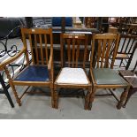 Oak carver chair with barleytwist supports, plus 2 dining chairs