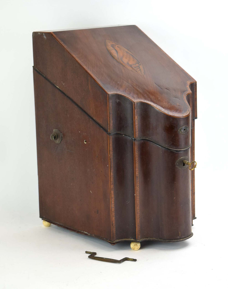 A George III mahogany, kingwood crossbanded and marquetry inlaid letter/knife box, w.