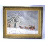 L. Sykes (20th Century), A stagecoach and horses heading through heavy snow, signed and dated '68