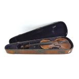 A cased German violin with an ebony fingerboard, figural scroll and solid back, c. 1880/1890, l.