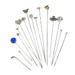 Sixteen silver and metalware hat pins including an enamelled example in the form of a butterfly,