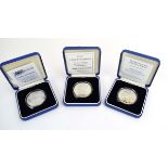 Three Royal Mint silver proof £5 coins: 1998 Guernsey,