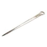 A silver letter opener in the form of a meat skewer, maker FH, Sheffield 1961, l. 21.5 cm, 1.