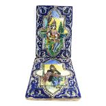 A pair of Persian Qajar wall tiles, each decorated with a figure within a garden setting, 50 x 34.